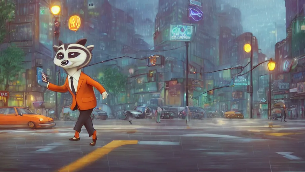 Image similar to A cute anthropomorphic raccoon businessman is walking down a busy crosswalk at in the rain at night, warm lighting with an orange glow blanketing the cityscape from the city lights, zootopia, other anthropomorphic characters are walking by him, extremely detailed, HDR, sideview, solemn and moody, many cars and animal people in the background, detailed face and eyes, large eyes with visible pupils, the road is wet with many rain puddles, reflections from the water on the ground, he is carrying a black briefcase