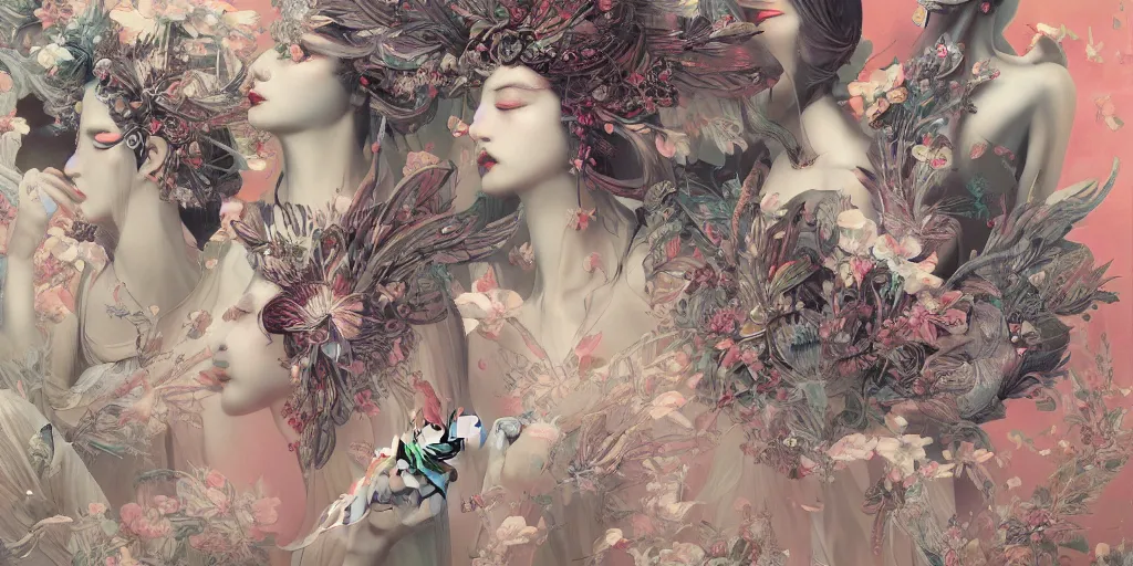 Image similar to breathtaking detailed concept art painting art deco pattern of birds goddesses amalmation flowers, by hsiao - ron cheng, bizarre compositions, exquisite detail, extremely moody lighting, 8 k