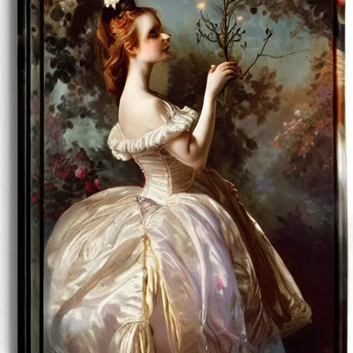 Image similar to Alice in Wonderland,Clock,Rose twining,out of time and space,dreamy, eternity, romantic,highly detailed,in the style of Franz Xaver Winterhalter, night lighting