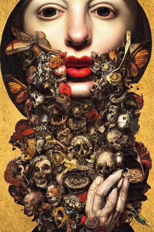 Image similar to Detailed maximalist portrait with large lips and with large wide eyes, surprised expression, surreal extra flesh and bones, HD mixed media, 3D collage, highly detailed and intricate, illustration in the golden ratio, in the style of Caravaggio, dark art, baroque