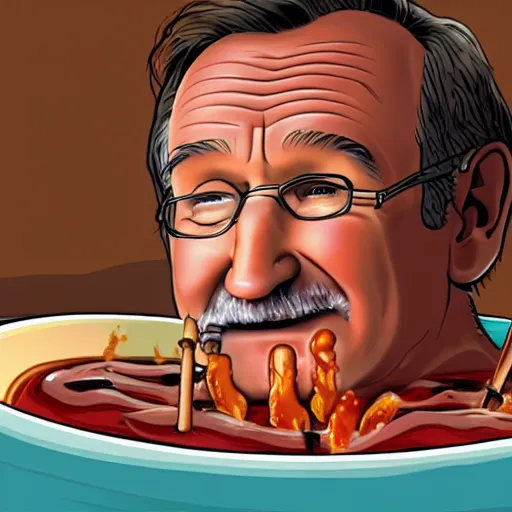 Prompt: robin williams sinking into a pit of bbq sauce, reaching towards the camera, childrens book illustration