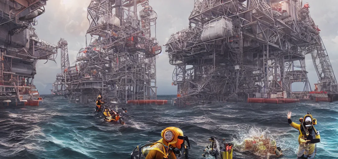 Image similar to Scuba Diver under an offshore oil rig in treacherous waters, highly detailed, ultra detailed, award-winning, trending on artstation, megalophobia