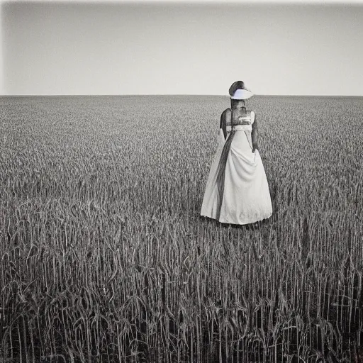 Image similar to the lonely bride in the wheat field at night, southern gothic, photograph by diane arbus, bayou