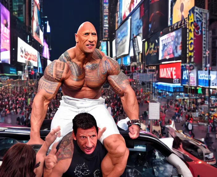 Image similar to Dwayne the Rock Johnson riding on Adam Sandler, Adam Sandler doing Methamphetamine at Times Square, Mew York City, photograph by Alfred Eisenstaedt, 4K, dramatic lighting; 4K 8K