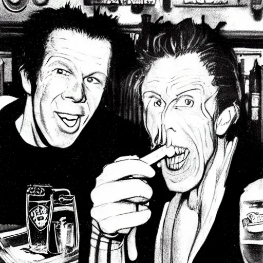 Image similar to Tom Waits and Iggy Pop in a pub by Carl Barks