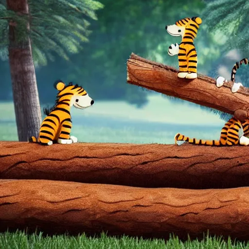 Image similar to hyperrealistic cgi render of calvin and hobbes walking across a log, extreme detail