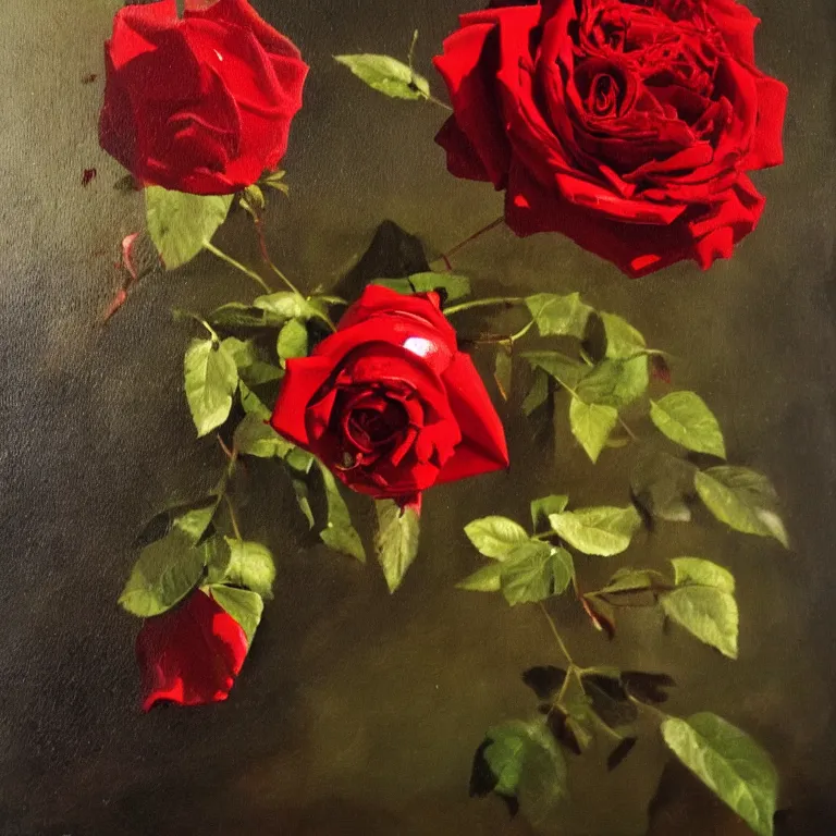 Prompt: a drop of blood fell from the finger of the hand and falls down a bush with roses, oil painting style,