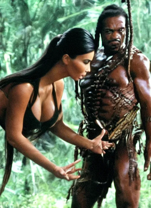 Image similar to film still of kim kardashian being held up in the air by predator in the movie predator.