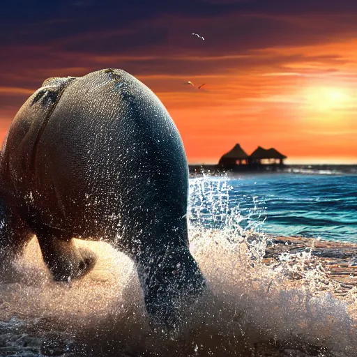 Image similar to a closeup photorealistic photograph of a cute smiling knitted tiger hippopotamus chasing a beachball at sunset. surf in the background. professional capture. this 4 k hd image is trending on artstation, featured on behance, well - rendered, extra crisp, features intricate detail, epic composition and the style of unreal engine.