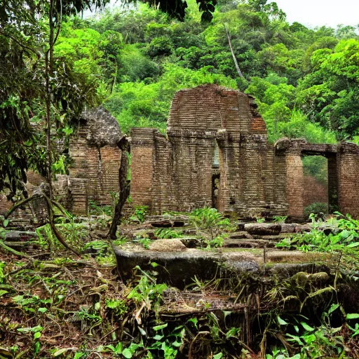 Image similar to ancient ruins found in a jungle, on an abandoned island