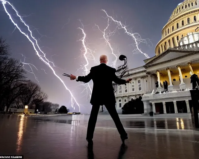 Prompt: Joe Biden in front of the U.S Capitol shooting lightning bolts from his fingertips, evil, chaos, ornate, horror, detailed, bloodborne, colorful