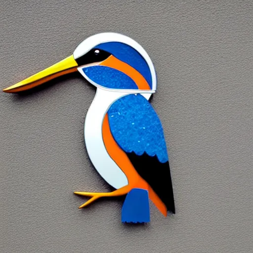 Image similar to wall art of a real life kingfisher made out of reflective crystal and very reflective polished metal, in the background is a forest, product photography