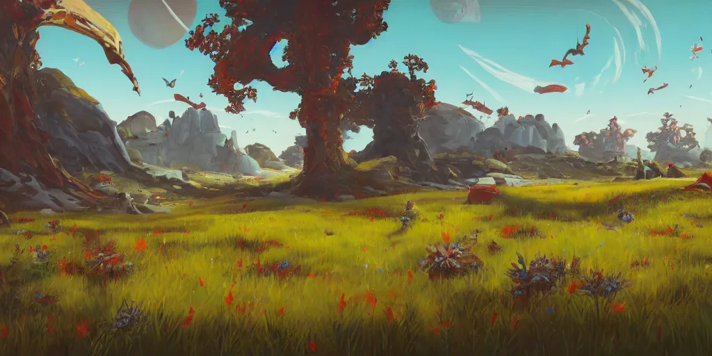 Image similar to landscape painting at noon by james jean and David Schnell painted in no mans sky style