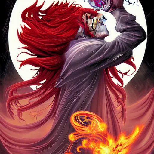 Image similar to The celestial warlock (a beautiful half elf with long red hair) clumsily knocks a single red rose from the top of a funerary urn, releasing an angry wraith from inside. The urn is on the floor, the rose is falling. Dramatic digital art illustration in comic book style by Simon Bisley