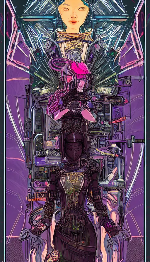 Prompt: a tarot card of the empress, cyberpunk themed art, concept art