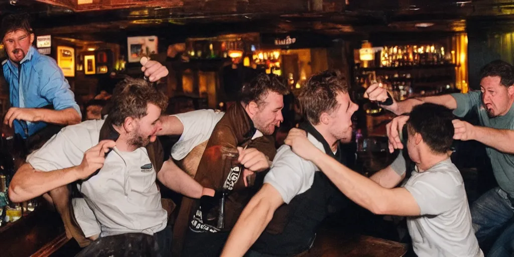 Prompt: a bar fight inside a pub