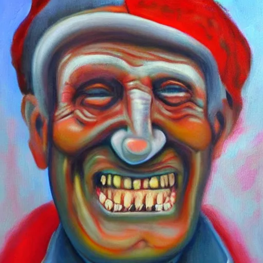 Prompt: an unsettling painting of a smiling old man in pain