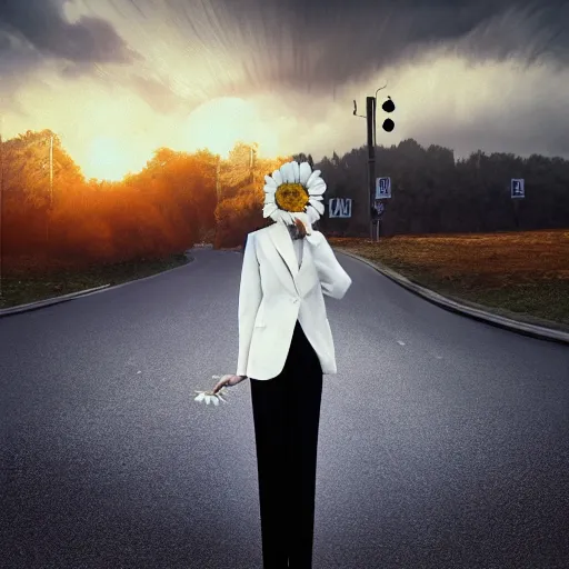 Image similar to giant white daisy flower head, frontal, girl in a suit, standing in street, surreal photography, sunrise, dramatic light, impressionist painting, digital painting, artstation, simon stalenhag