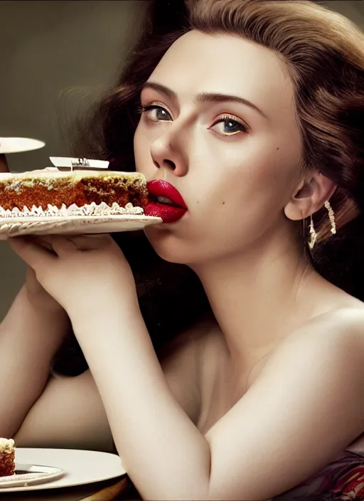 Image similar to closeup portrait of tin toy scarlett johansson eating cakes, depth of field, zeiss lens, detailed, symmetrical, centered, fashion photoshoot, by nicoletta ceccoli, mark ryden, lostfish, earl nore, hyung tae, frank frazetta, breathtaking, 8 k resolution, extremely detailed, beautiful, establishing shot, artistic, hyperrealistic, octane render