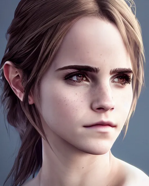 Image similar to final fantasy portrait of emma watson, au naturel, hyper detailed, digital art, trending in artstation, cinematic lighting, studio quality, smooth render, unreal engine 5 rendered, octane rendered, art style by klimt and nixeu and ian sprigger and wlop and krenz cushart.