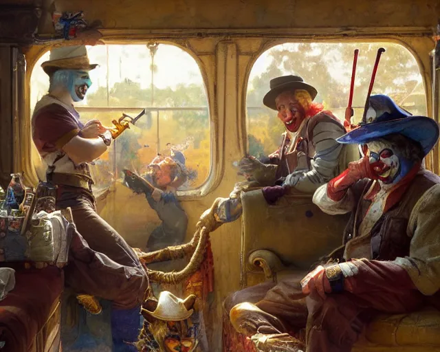 Prompt: clowns robbing inside a train using water guns, highly detailed painting by gaston bussiere, craig mullins, j. c. leyendecker 8 k