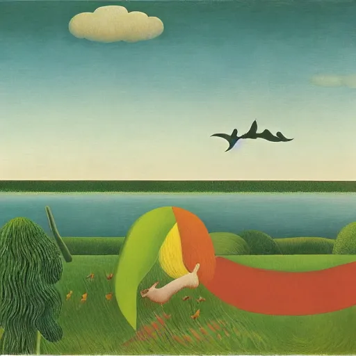 Prompt: Two Alicorns iwth rainbow wings flying over a lake, artwork by Henri Rousseau