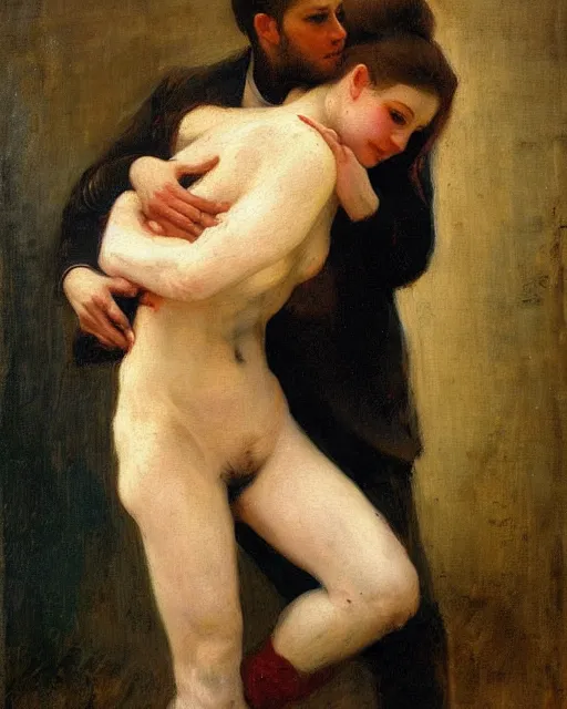 Image similar to a painting of a man holding a woman in his arms by vlaho bukovac, trending on deviantart, transgressive art, flemish baroque, furaffinity, renaissance painting