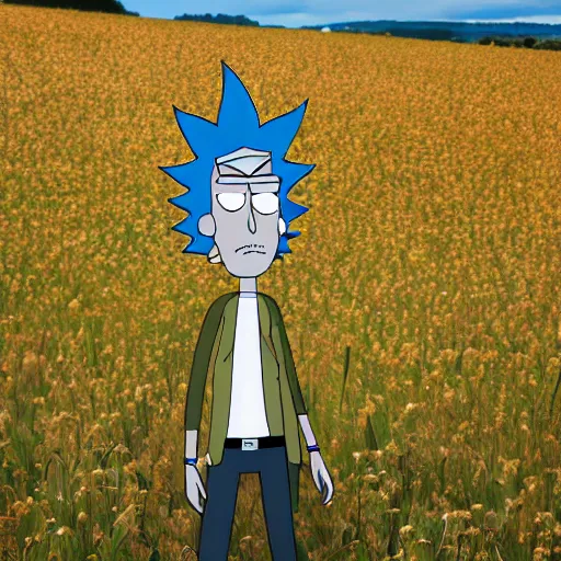 Prompt: portrait of rick sanchez, rick and morty, standing in a field. france, dordogne, hills, ultra high detail, 8 k
