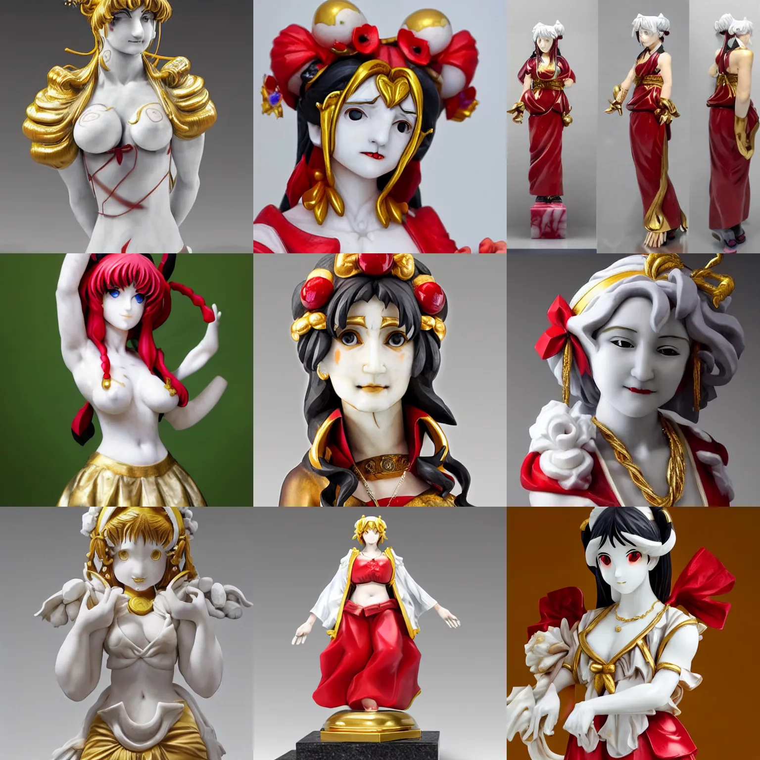 Prompt: a sculpture of reimu hakurei, marble, gold, masterpiece, anatomically correct, looks like a real person