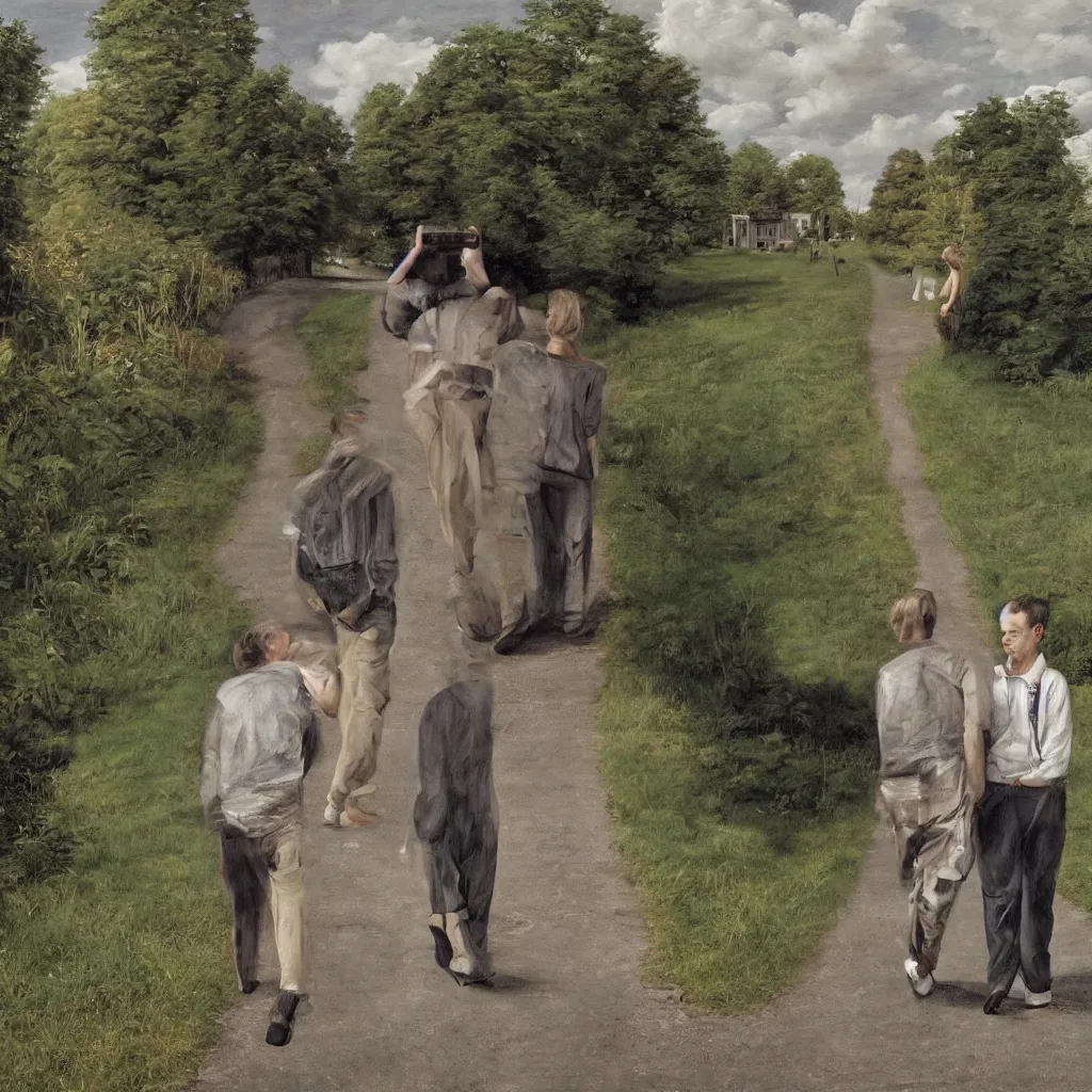 Image similar to high quality high detail painting of todd solondz walking with a friend by lucian freud and gregory crewdson, hd, photorealistic lighting