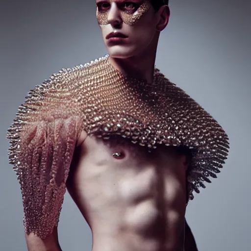 Prompt: a beautiful young persian male wearing iris van herpen couture, photographed by erwin olaf