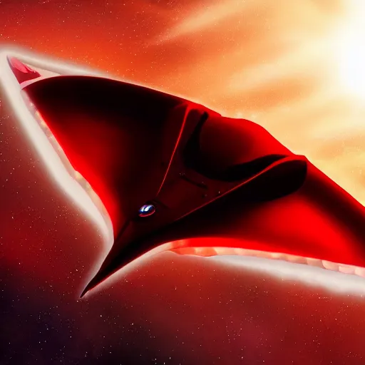 Prompt: https://www.wallpaperflare.com/static/746/532/42/digital-art-science-fiction-spaceship-red-wallpaper.jpg a manta ray shaped futuristic spaceship