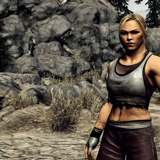 Image similar to character screenshot of ufc ronda rousey dc in skyrim, female armor, npc talking, wilderness, 1 0 8 0 p, bokeh, elder scrolls v, detailed, dialog text