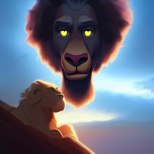 Image similar to portrait of doc brown!!!!! riding on ( ( ( ( lion king ) ) ) ), disney animation, sharp, illustration, sharp, fanart, anime key art by greg rutkowski, bloom, dramatic lighting sharp focus, cinematic, artbook, smooth, centered