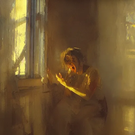 Image similar to portrait of a screaming person, in soft window light, golden hour, by jeremy mann, anders zorn.