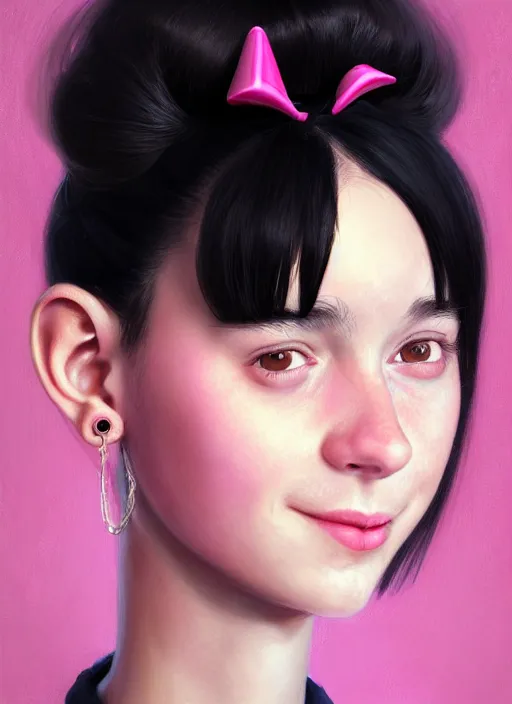 Image similar to portrait of teenage girl, realistic, black hair, bangs, half updo hairstyle, pointy nose, skinny, smile, ugly, defined jawline, big chin, pink hair bow, earrings, intricate, elegant, glowing lights, highly detailed, digital painting, artstation, sharp focus, illustration, art by wlop, mars ravelo and greg rutkowski