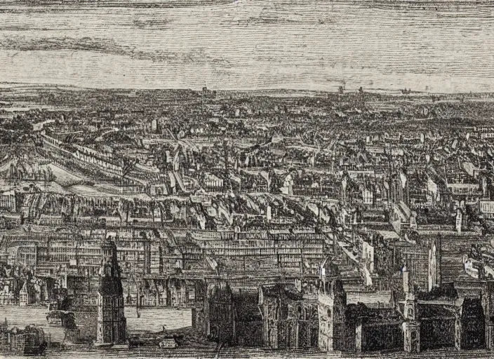 Prompt: detail from Hollar’s Panoramic view of ruined London, 1647