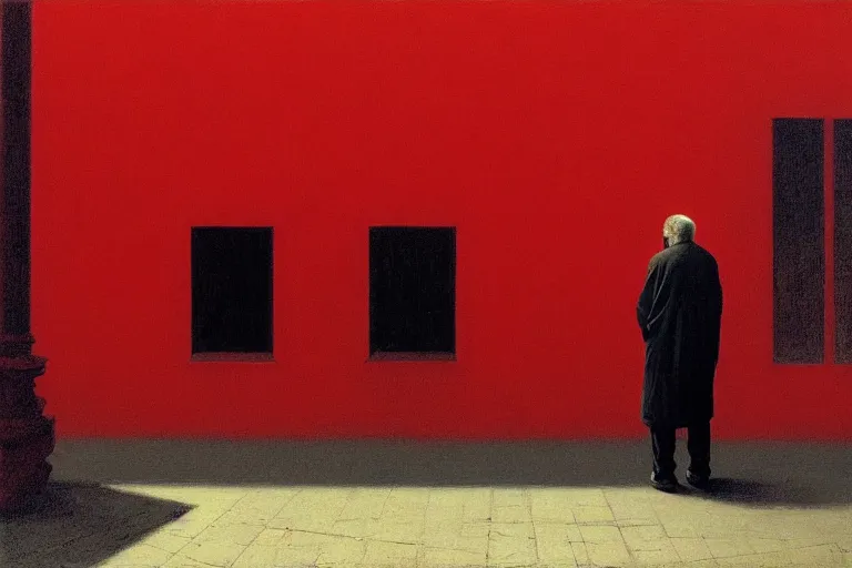 Image similar to only with red, a red old man try to sell a portrait, in a square, crowd cheers, in the style of beksinski, parts by edward hopper, parts by rodcenko, parts by yue minjun, intricate and epic composition, red by caravaggio, insanely quality, highly detailed, masterpiece, red light, artstation, 4 k