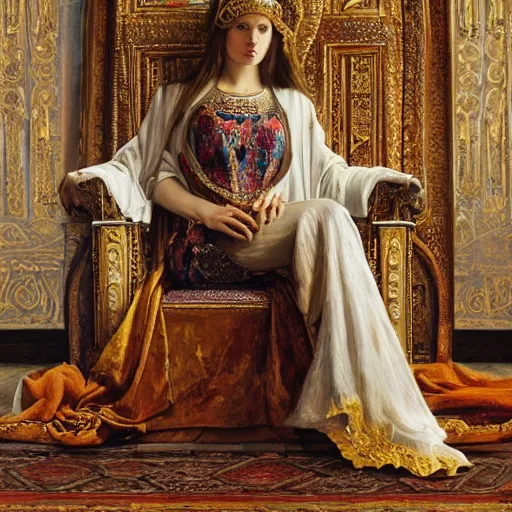 Image similar to Realistic painting of beautiful priestess woman in detailed costume, sitting on a throne in a throne roome in a palace dramatic lighting, high-detailed oil painting by Ilya Repin, William Blake, Michelangelo da Caravaggio, Alex Grey and Beksinski, masterpiece, 4k