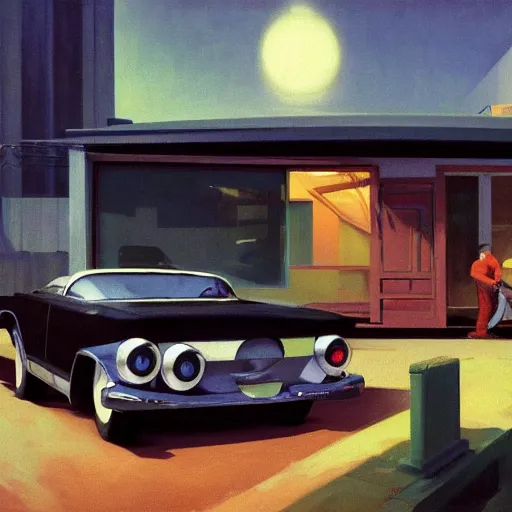 Image similar to a cinematic matte painting of a boxy 1 9 6 0 s retro - futurism sci - fi car with solar panels on roof and doors in a cluttered garage in mumbai. by edward hopper, glennray tutor and greg rutkowski. trending on artstation.