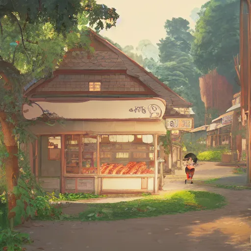 Prompt: concept art painting of a historic bakery with european and japanese architecture, in a woodland village surrounded by trees, inspired by kiki's delivery service, realistic, detailed, cel shaded, in the style of makoto shinkai and greg rutkowski and james gurney