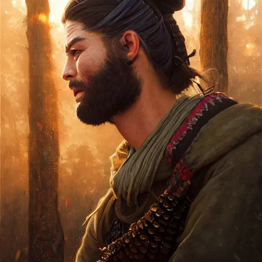 Image similar to Highly detailed portrait of Kurdish samurai, Stephen Bliss, unreal engine, fantasy art by Greg Rutkowski, Loish, Rhads, ferdinand knab, Makoto Shinkai and Lois van baarle, ilya kuvshinov, rossdraws, Tom Bagshaw, alphonse mucha, global illumination, radiant light, detailed and intricate environment, highly detailed, award winning art