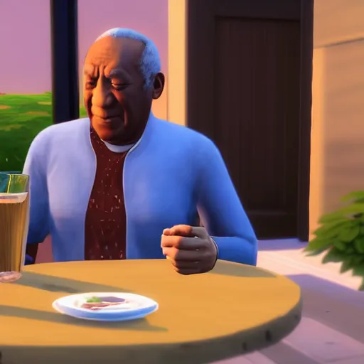 Image similar to bill cosby holding a drink in the sims 4, movie still, cinematic lighting, dramatic, octane render, long lens, shallow depth of field, bokeh, anamorphic lens flare, 8 k, hyper detailed, 3 5 mm film grain