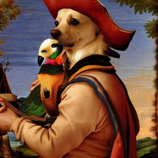 Image similar to a pirate dog with a parrot on it's shoulder, renaissance painting, wide view