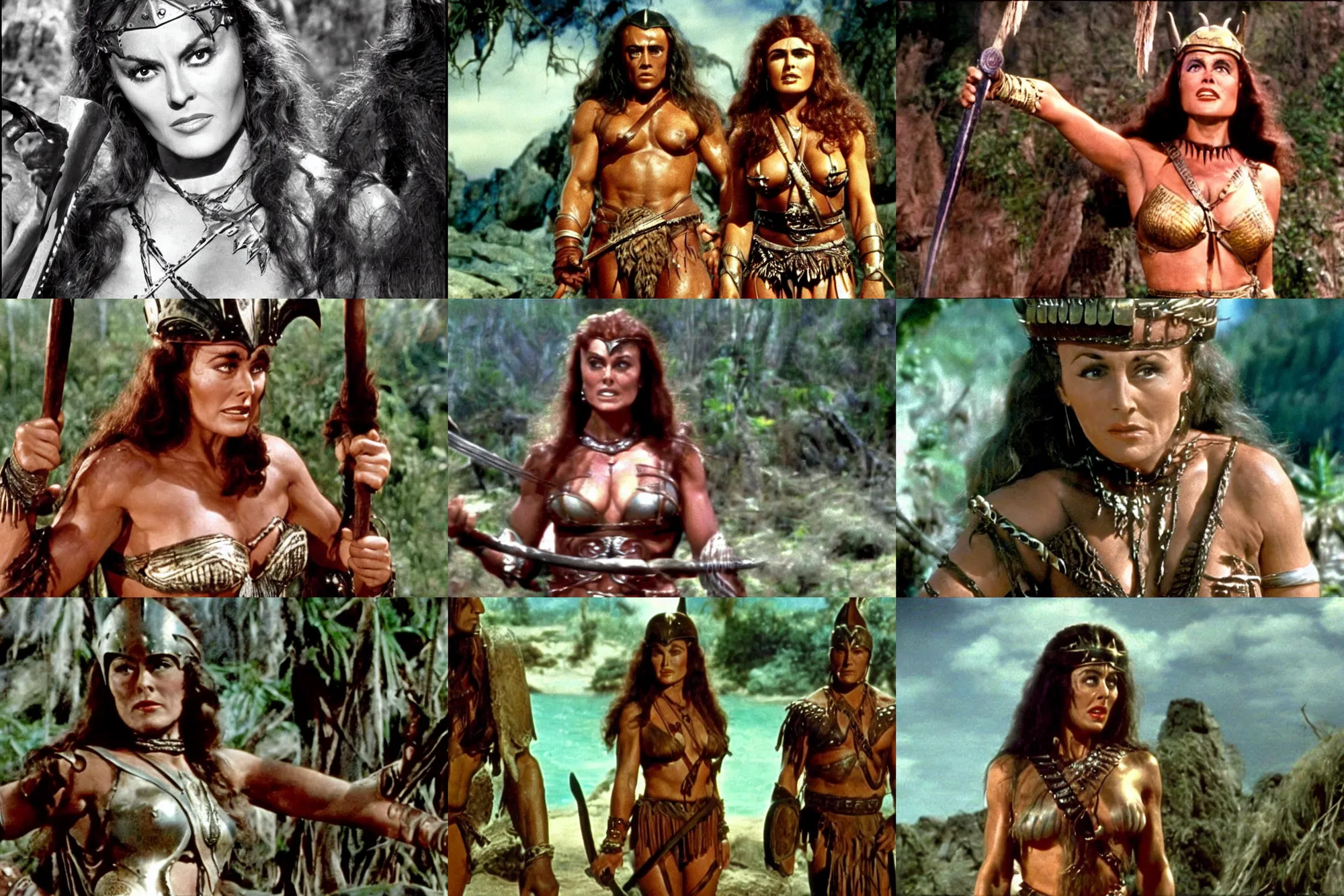 Prompt: Paulette Goddard as an Amazonian in Conan The Barbarian 1982 , film still, Technicolor