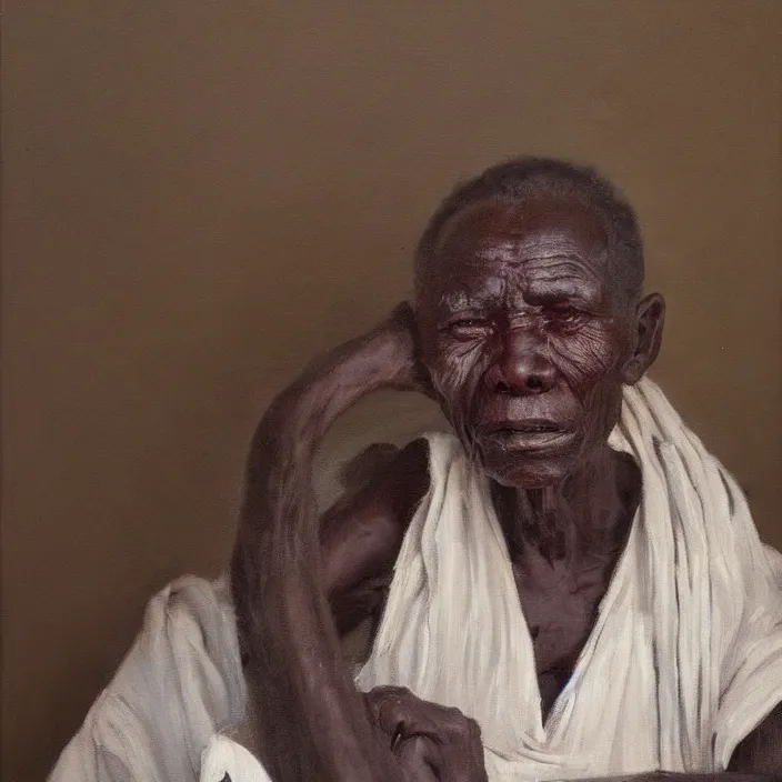 Image similar to a painting of a wise elder from Kenya by Lynette Yiadom-Boakye . dramatic angle, ethereal lights, details, smooth, sharp focus, illustration, realistic, cinematic, artstation, award winning, rgb , unreal engine, octane render, cinematic light, macro, depth of field, blur, red light and clouds from the back, highly detailed epic cinematic concept art CG render made in Maya, Blender and Photoshop, octane render, excellent composition, dynamic dramatic cinematic lighting, aesthetic, very inspirational, arthouse.