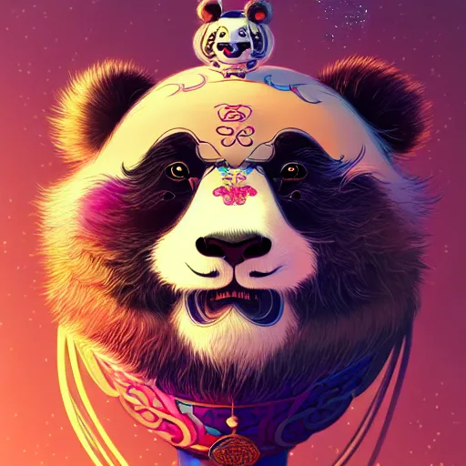 Image similar to a beautiful hyperdetailed character design 4 k wallpaper illustration of a cute panda with a chinese lion dance head victo ngai cyberpunk style, from china, style of studio ghibli, makoto shinkai, raphael lacoste, louis comfort tiffany, artgerm, james jean, ross tran, chinese style