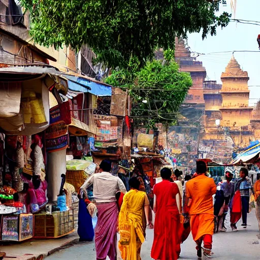 Prompt: A bustling city in ancient India with shops and people dressed in traditional Indian attire from 1000BC