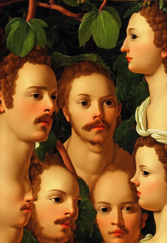 Image similar to men and women, closeup portrait, garden with fruits on trees, ultra detailed, liquid gold, Guido Reni style