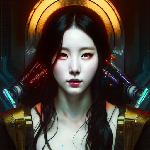 Prompt: portrait painting of sunmi as a cyberpunk technician, ultra realistic, concept art, intricate details, eerie, highly detailed, photorealistic, octane render, 8 k, unreal engine. art by artgerm and greg rutkowski and magali villeneuve and alphonse mucha